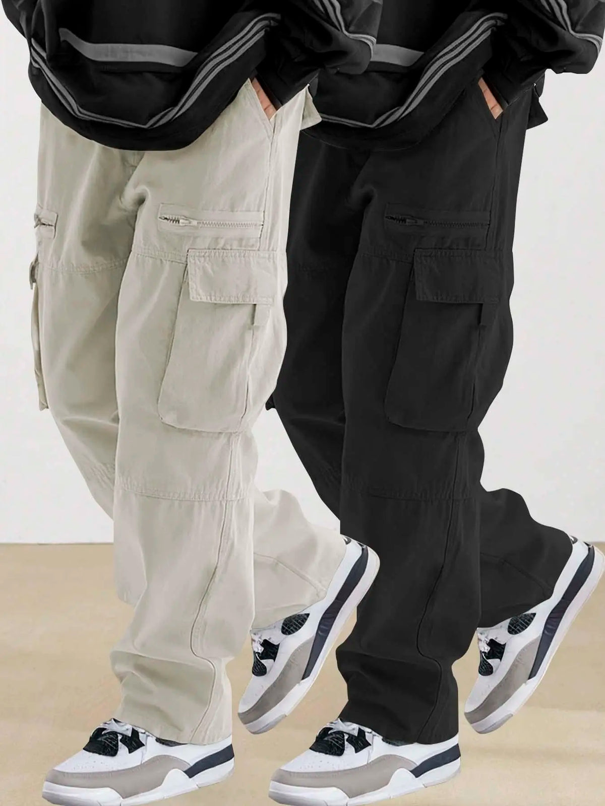 Men's Plain Loose Fitting Drawstring Waist Casual Cargo Pants, Loose Street Fashion Zipper Casual Slant Pocket Trousers, Pants for Men, Summer Work Outfits, Men's Bottoms, Casual Streetwear Trousers, Adjustable Waist Pants