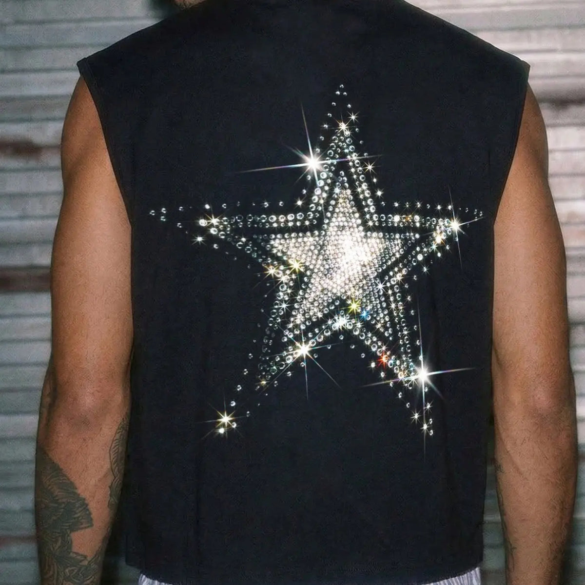 Sleeveless short loose vest, made of fully polyester breathable fabric, with hot-fix rhinestone craftsmanship, star pattern, suitable for parties, nightclubs, and daily wear in multiple scenarios, lightweight and breathable fabric