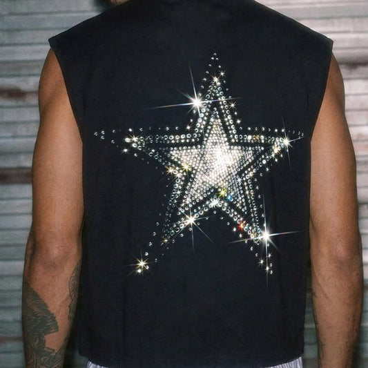 Sleeveless short loose vest, made of fully polyester breathable fabric, with hot-fix rhinestone craftsmanship, star pattern, suitable for parties, nightclubs, and daily wear in multiple scenarios, lightweight and breathable fabric