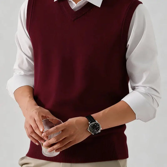 Men's Preppy V-Neck Soft Knit Vest - Layerable Sweater Vest, Polyester, Spring/Autumn Business Casual Sleeveless Menswear Basic Top