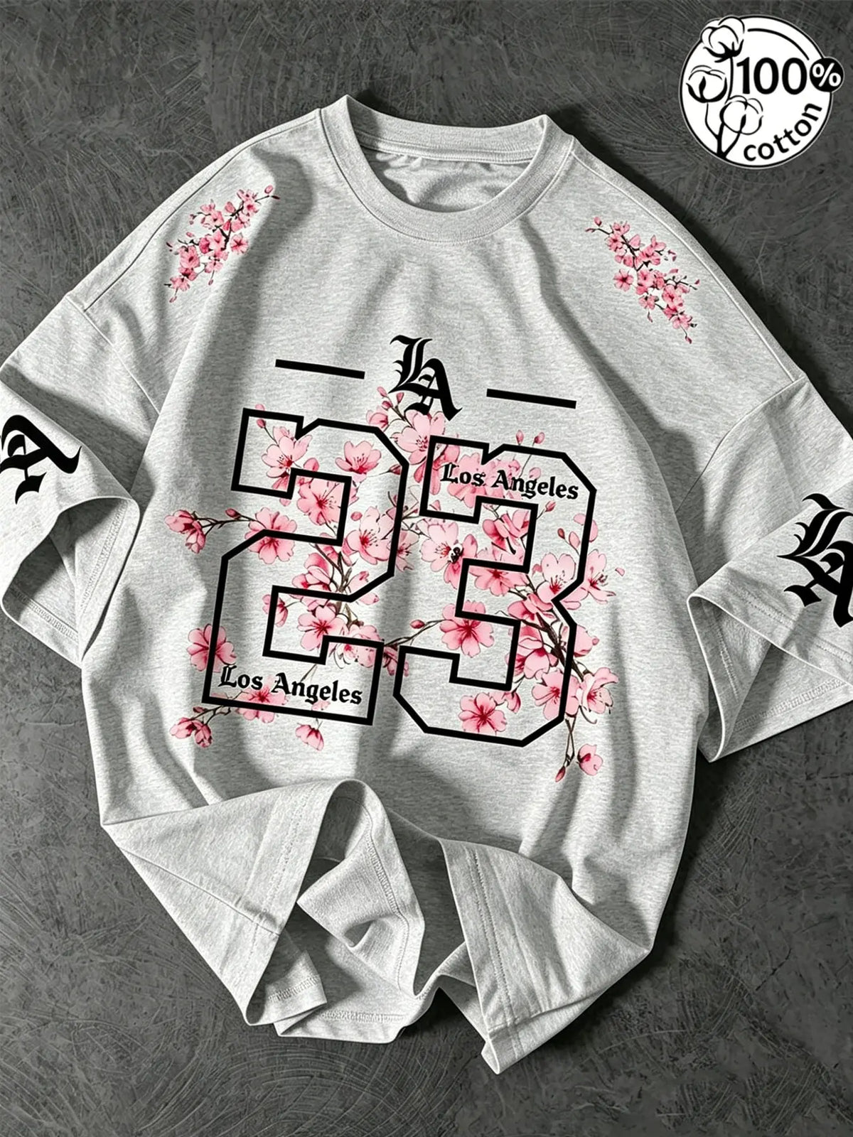 Unisex 100% Cotton Oversized Round Neck Aesthetic T-Shirt, Los Angeles 23 Gothic Cherry Blossom Print, Y2K Streetwear Top