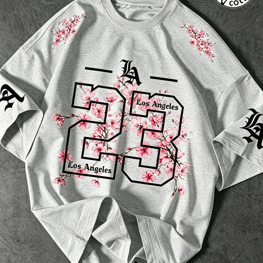 Unisex 100% Cotton Oversized Round Neck Aesthetic T-Shirt, Los Angeles 23 Gothic Cherry Blossom Print, Y2K Streetwear Top