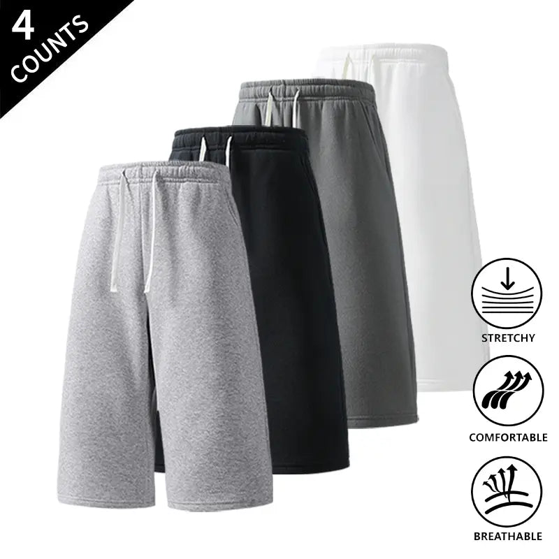 Men's Plain Fabric Casual Lounge Capri Pants (4-Pack) - Elastic Waist, Soft, Expandable, Above the Knee Everyday Cropped Bottoms in Coffee+Black+Light Gray+Rose Red, Light Gray+Black+Rose Red+Dark Gray, Rose Red+Navy Blue+Black+Light Gray