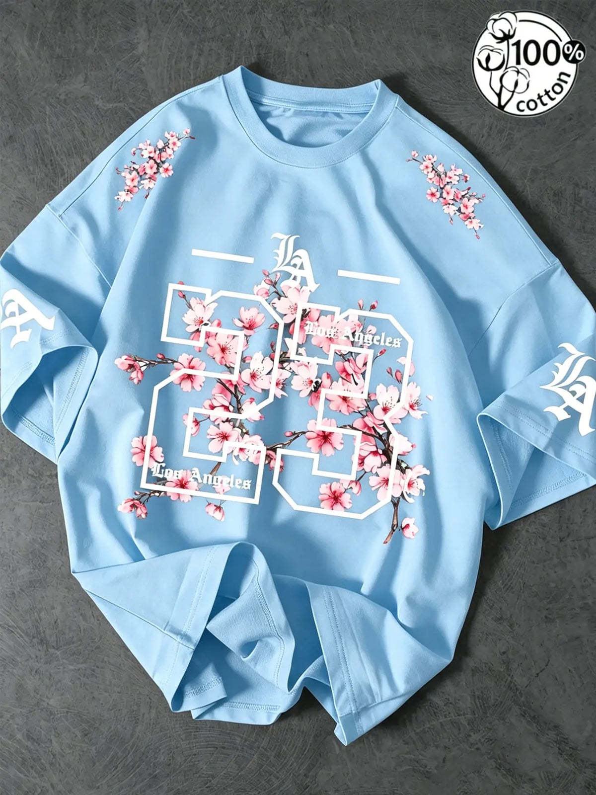 Unisex 100% Cotton Oversized Round Neck Aesthetic T-Shirt, Los Angeles 23 Gothic Cherry Blossom Print, Y2K Streetwear Top