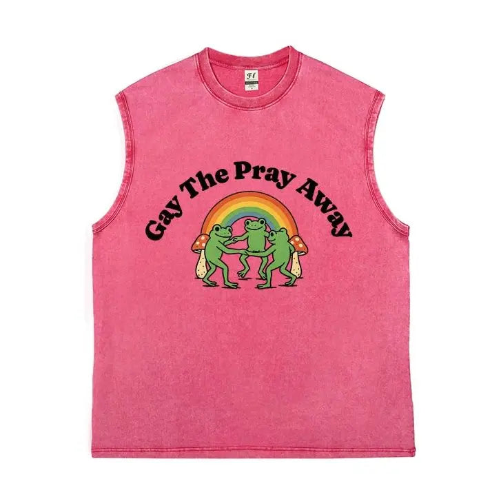 Vintage Washed Sleeveless Tank Top - 100% Cotton Casual Streetwear, Relaxed Loose Fit, Distressed Retro Muscle Tee with Rainbow Dancing Frog Mushroom Cartoon Print for LGBTQ Pride, Summer