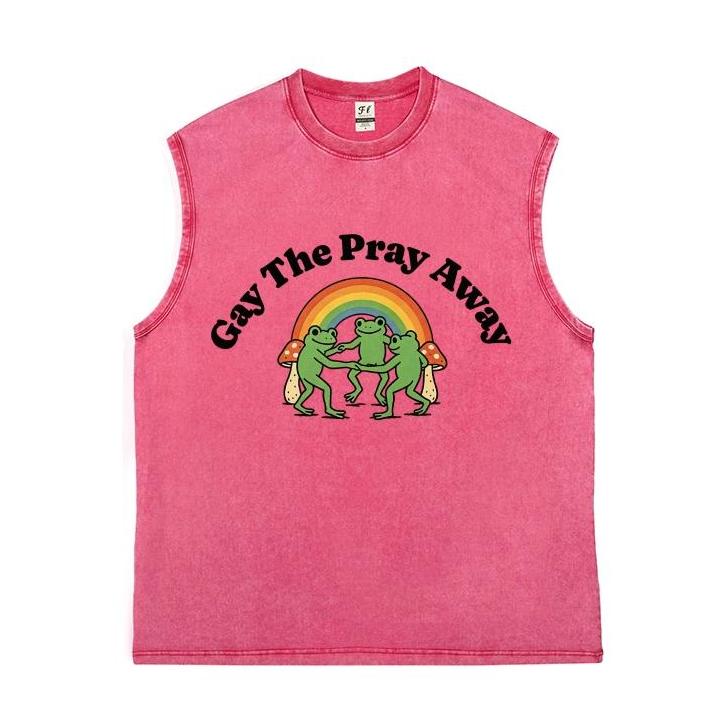 Vintage Washed Sleeveless Tank Top - 100% Cotton Casual Streetwear, Relaxed Loose Fit, Distressed Retro Muscle Tee with Rainbow Dancing Frog Mushroom Cartoon Print for LGBTQ Pride, Summer