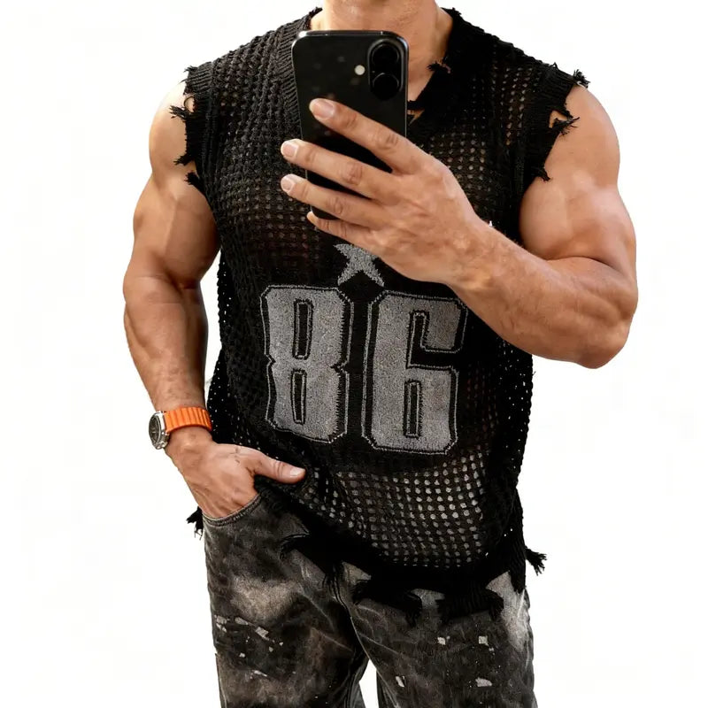 Men's Distressed 86-Hole V-Neck Retro Printed Knitted Mesh Sleeveless Vest - Loose Fitting, Medium Length, Raw Hem Edge, Layer-Ready, Breathable, Hip-Hop Edgy Athletic Casual Streetwear Top for Jeans, Baggy Pants