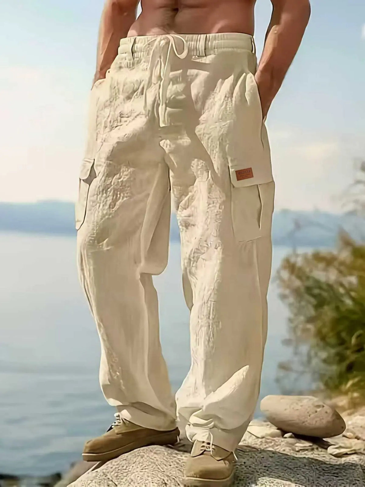 Men's Linen Cargo Style Pants Trouser with Drawstring Waist, Multiple Pockets, Straight Leg, Breathable Outdoor Beach Casual Long Pants, Breathable Casual Trousers