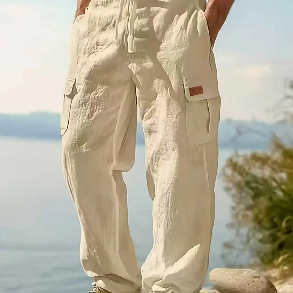Men's Linen Cargo Style Pants Trouser with Drawstring Waist, Multiple Pockets, Straight Leg, Breathable Outdoor Beach Casual Long Pants, Breathable Casual Trousers