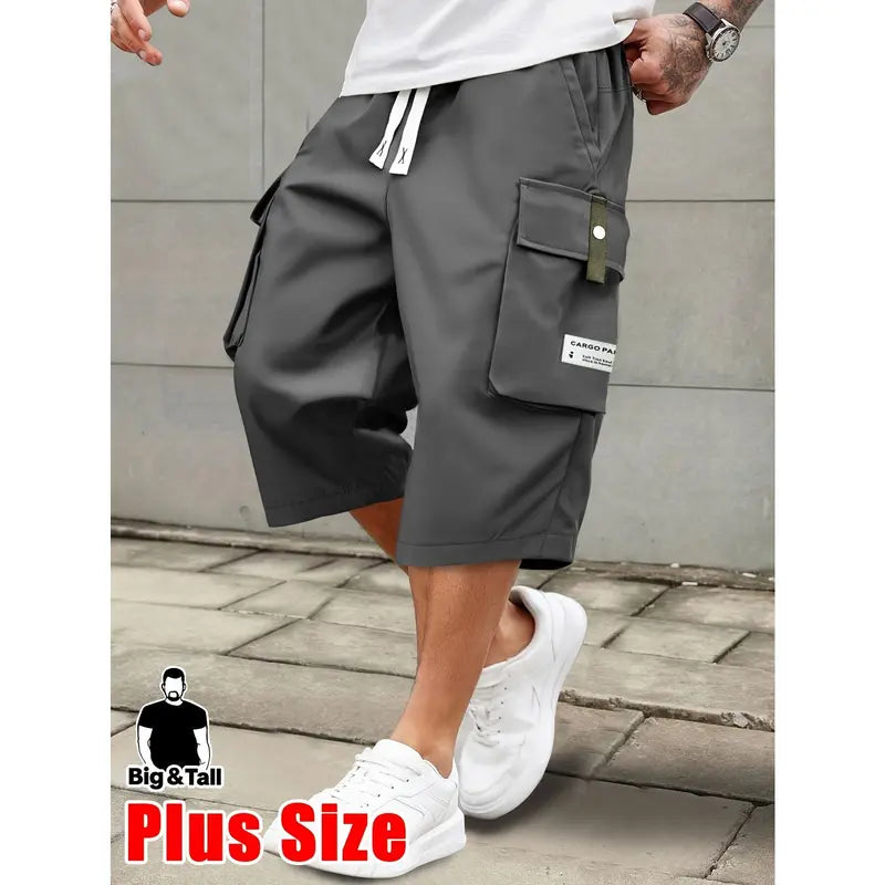 Men's plus size summer work pants elastic drawstring waist circumference, multiple pockets and letter patches, regular mid waist non elastic fabric, opaque, suitable for daily and casual wear, Father's Day gift casual pants for summer