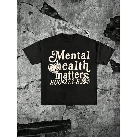 Unisex 'Mental Health Matters' Graphic T-Shirt, Vintage Distressed Mental Health Awareness Print with Support Hotline Design, 100% Cotton Oversized Crew Neck Tee, Short Sleeve Retro Streetwear Top for Mental Health Advocates & Self Care Enthusiasts