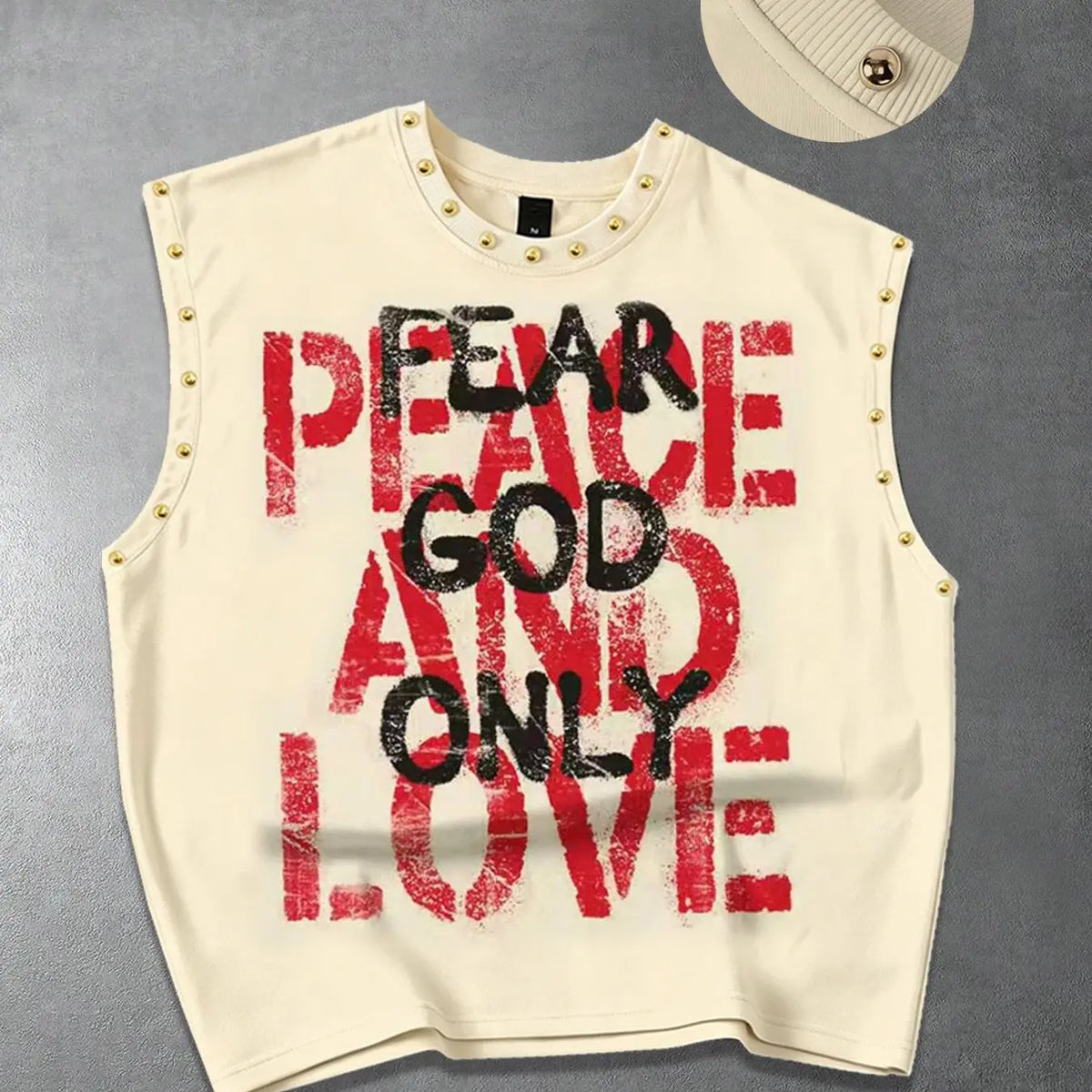 Three-piece men's vests with personalized English slogans printed, fun love graffiti, metal beads decoration, fashion; heavy fabric Loose sleeveless T-shirts, couple vests LOVE, Heart for male and female friends