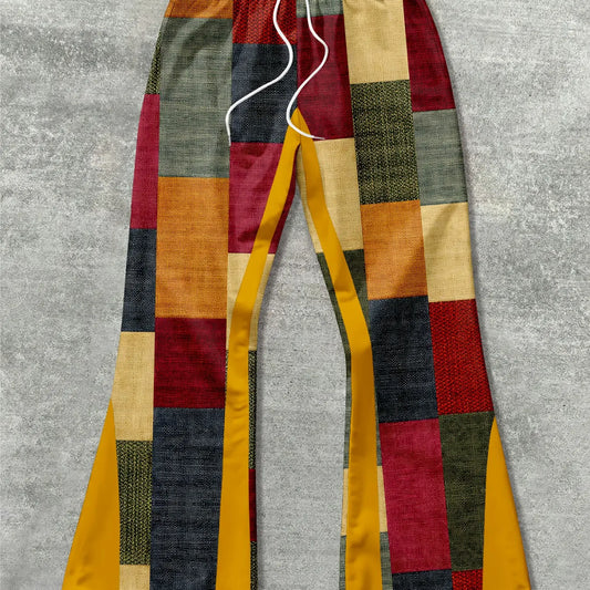 Men's New American Vintage Colorblock Plaid Long Wide Leg Pants, Drawstring Waist Loose Casual Trousers, Ideal Holiday Gift Choice, Casual Loose Fit