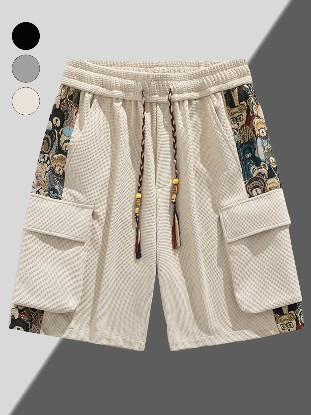 Men's Trendy Cargo Shorts with Cartoon Print, Casual Fitted Pocket Shorts for Summer, Stylish Drawstring Waist Shorts, Fashionable Shorts, Drawstrings Shorts