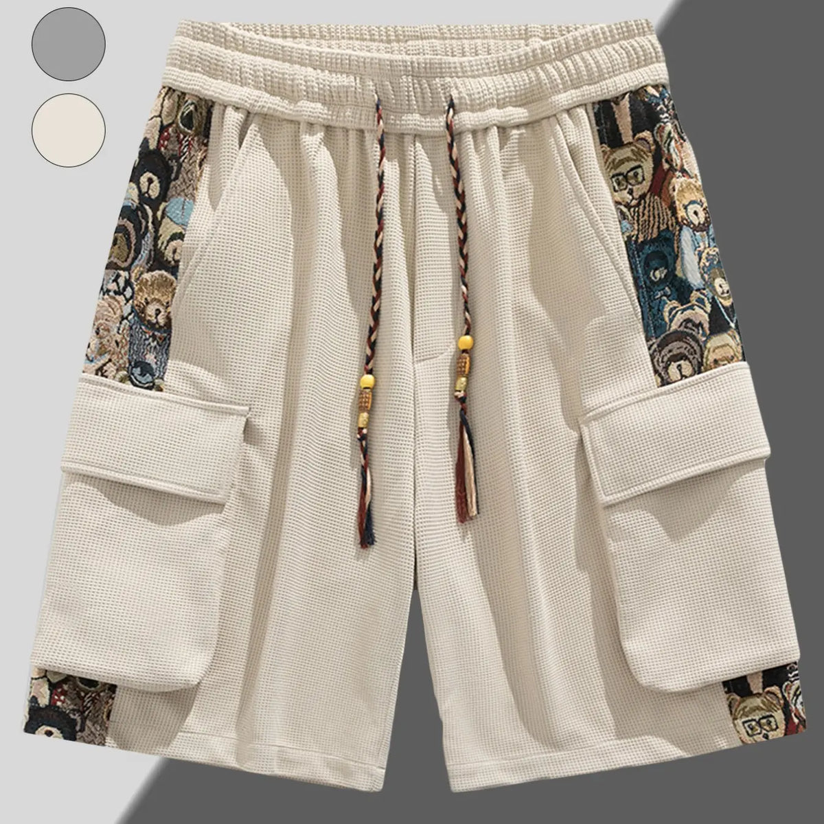 Men's Trendy Cargo Shorts with Cartoon Print, Casual Fitted Pocket Shorts for Summer, Stylish Drawstring Waist Shorts, Fashionable Shorts, Drawstrings Shorts
