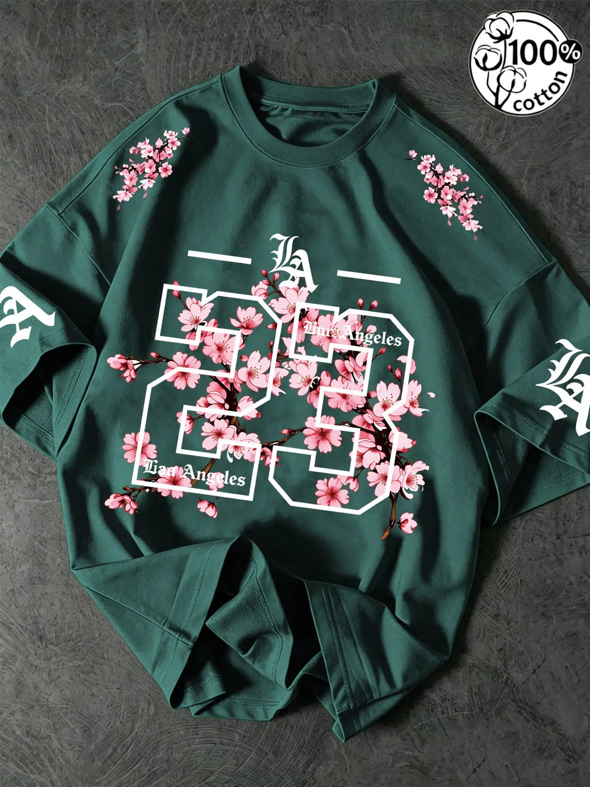 Unisex 100% Cotton Oversized Round Neck Aesthetic T-Shirt, Los Angeles 23 Gothic Cherry Blossom Print, Y2K Streetwear Top