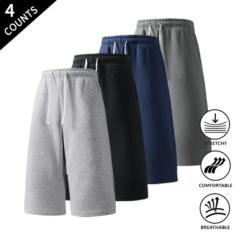 Men's Plain Fabric Casual Lounge Capri Pants (4-Pack) - Elastic Waist, Soft, Expandable, Above the Knee Everyday Cropped Bottoms in Coffee+Black+Light Gray+Rose Red, Light Gray+Black+Rose Red+Dark Gray, Rose Red+Navy Blue+Black+Light Gray