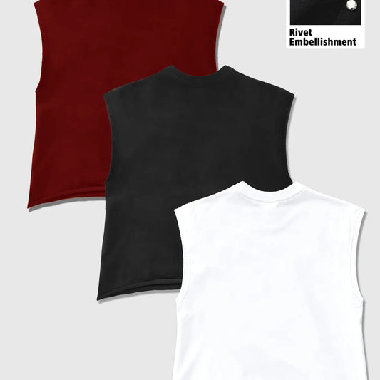 Unisex High Street Casual Rivet Sleeveless Vest, Vintage Hip Hop Graphic Top, Round Neck Wide Shoulder, Loose Fit, Relaxed Fit for All Body Types