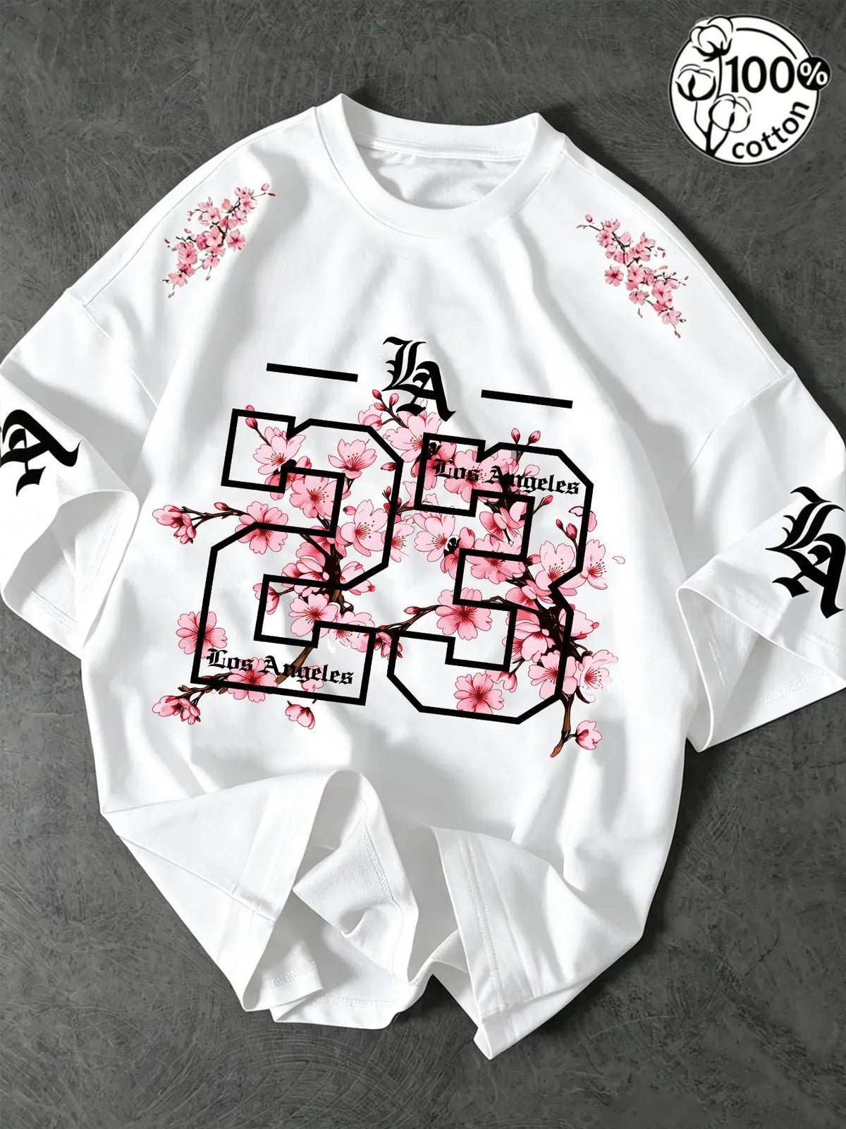 Unisex 100% Cotton Oversized Round Neck Aesthetic T-Shirt, Los Angeles 23 Gothic Cherry Blossom Print, Y2K Streetwear Top