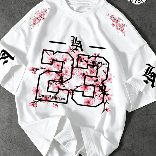 Unisex 100% Cotton Oversized Round Neck Aesthetic T-Shirt, Los Angeles 23 Gothic Cherry Blossom Print, Y2K Streetwear Top