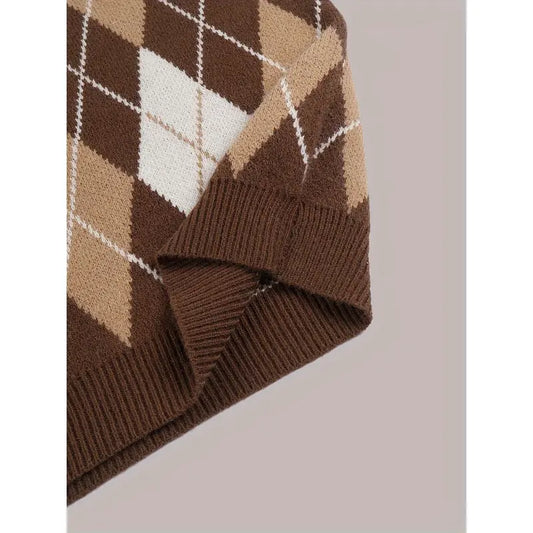 Stylish Plaid Knit Vest for Men - Sleeveless Sweater with Preppy Style, Casual Waistcoat Design, Soft and Cozy Fabric, Perfect for Fall and Winter, Easy to Match with Shirts and Trousers