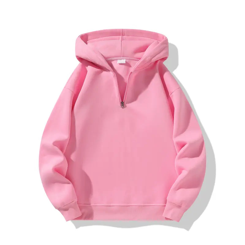 Men’s essential half-zip long-sleeve hoodie — solid color, comfortable, relaxed drop-shoulder fit, loose silhouette, casual street style, 100% polyester fiber, suitable for autumn, modern fashionable men’s top, solid-color men’s sweatshirt