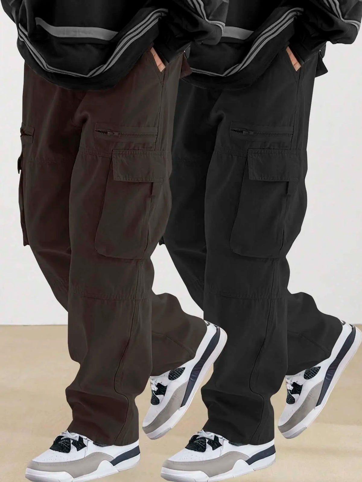 Men's Plain Loose Fitting Drawstring Waist Casual Cargo Pants, Loose Street Fashion Zipper Casual Slant Pocket Trousers, Pants for Men, Summer Work Outfits, Men's Bottoms, Casual Streetwear Trousers, Adjustable Waist Pants