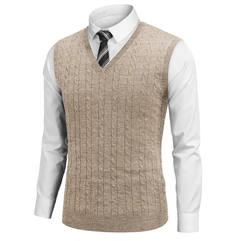 COOFANDY Menswear Men's V-Neck Slim-Fit Ribbed Cable-Knitted Sleeveless Pullover Sweater Vest, Stretchable Soft Lightweight Polyester Fabric, Machine Washable US Sizes, Formal-Casual Thermal Tops for Business Office