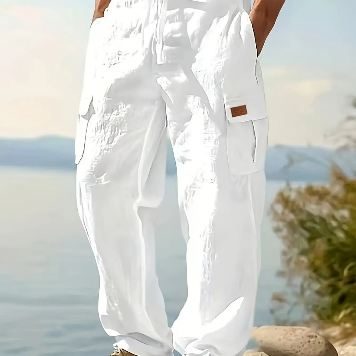 Men's Linen Cargo Style Pants Trouser with Drawstring Waist, Multiple Pockets, Straight Leg, Breathable Outdoor Beach Casual Long Pants, Breathable Casual Trousers