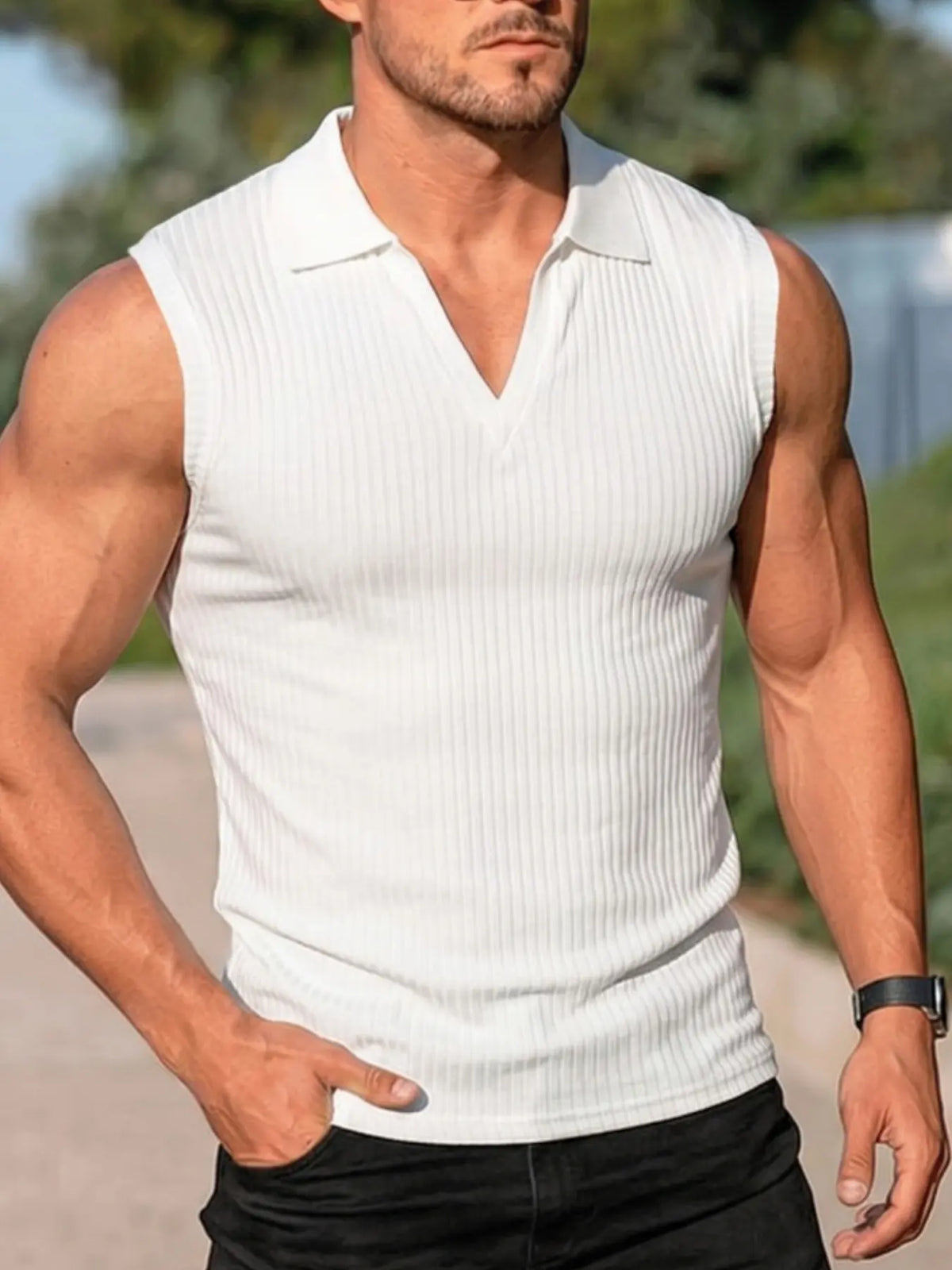 Men's plain rib-knit sleeveless polo shirt with V-neck collar jacket, fitted silhouette, breathable and comfortable, versatile for both street casual and light business casual wear, as well as outdoor sports vest, Menswear, Tops