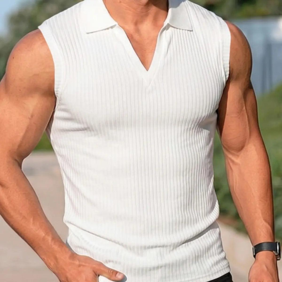 Men's plain rib-knit sleeveless polo shirt with V-neck collar jacket, fitted silhouette, breathable and comfortable, versatile for both street casual and light business casual wear, as well as outdoor sports vest, Menswear, Tops