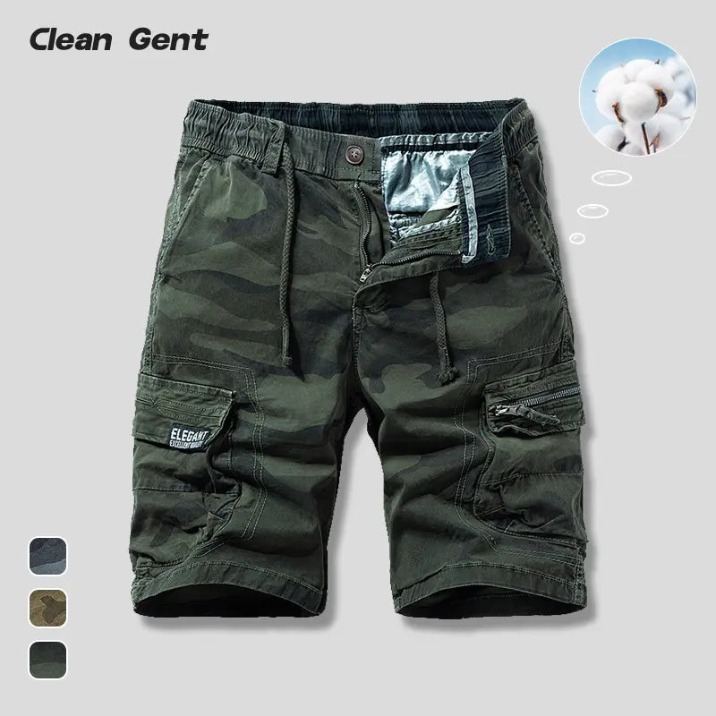 Clean Gent men’s classic camouflage cargo shorts—stylish, high-end design with multiple pockets for practicality; suitable for outdoor sports and waiting-in-line dates; a perfect gift choice.