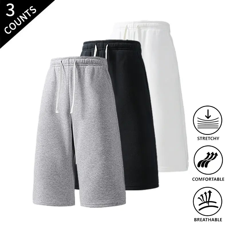 Men's 3-Pack Baggy Fit Sweat Shorts, 7/8 Knee-High Length, Elastic Drawstring, Plain Casual Menswear for Summer Everyday Wear