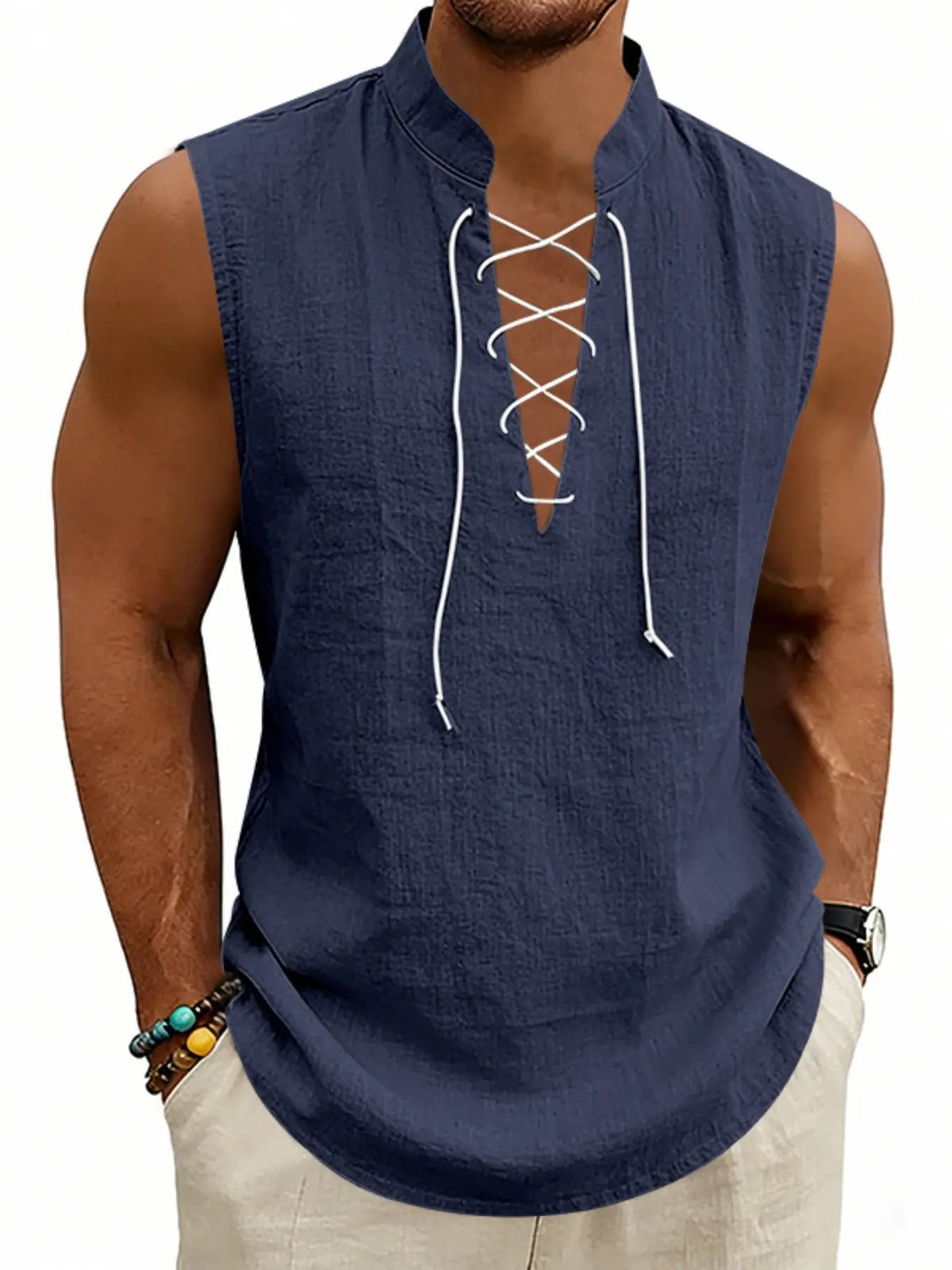 2026 Summer Men's Viking Medieval Drawstring Linen Vest, Open Front Vest, Loose Fit, Breathable, Sleeveless, Casual Style, Plain Pattern, No Collar, No Zipper
