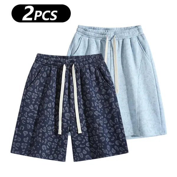 Men's Cotton Blend Sweat Shorts Casual Athletic Lounge, Loose Fit Drawstring with Pockets, Leopard Print Acid Wash, for Summer Workouts, Streetwear & Gym-to-Lounge