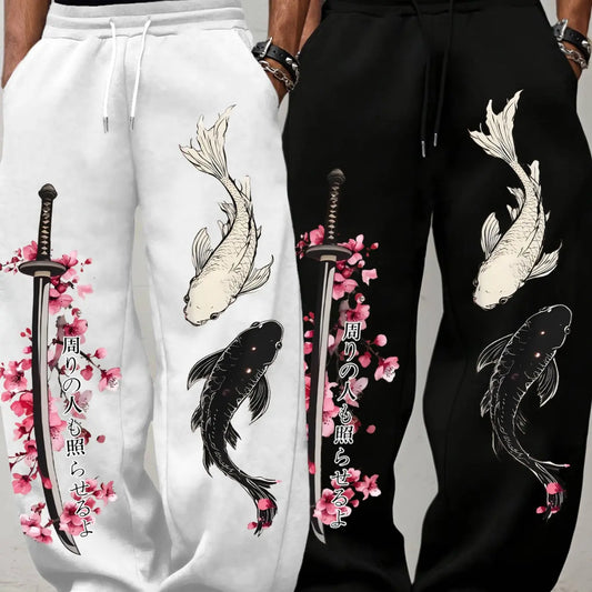 Viral 2-Pack Men's Oversized Sweatpants, Japanese Koi Fish, Katana & Cherry Blossom Print, Samurai Streetwear Casual Baggy Wide-Leg Trousers for Men