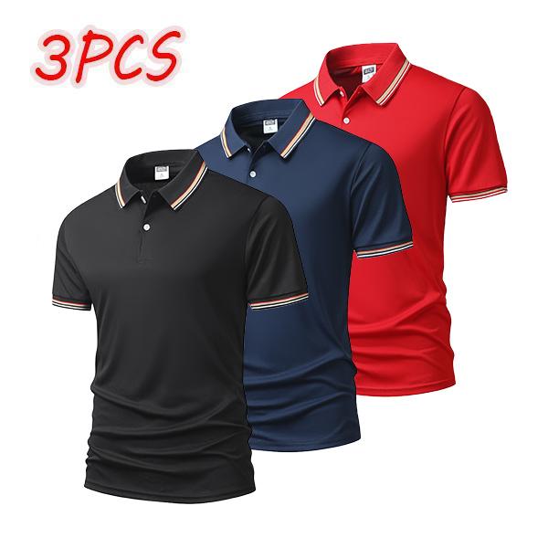 3-pack men's polo shirts with striped collar and cuffs, available in multiple color combinations, perfect for business and casual wear