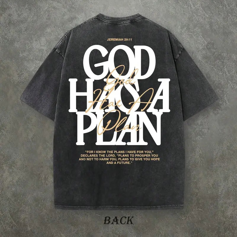 Vintage Washed "God Has a Plan" Double-Sided Print Tee | 230gsm Heavyweight Christian Streetwear, Unisex Wide-Shoulder Fit, High-Quality Cotton Casual Top for Men & Women