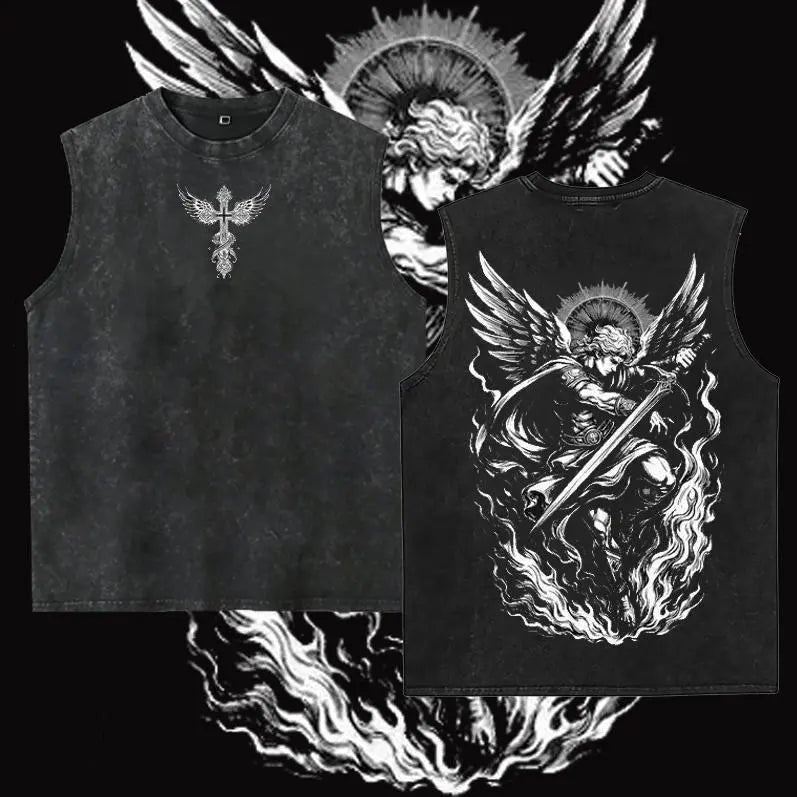 Washed retro pattern vest, palm tree beach vest, oversized retro faded summer aesthetic street cotton vest, men's and women's casual wear