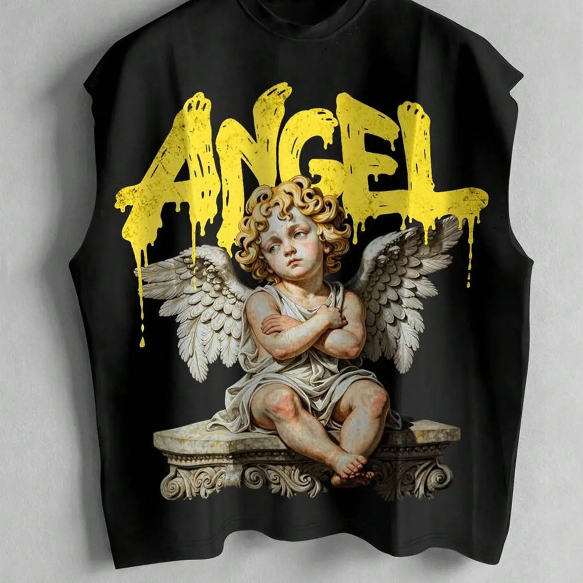 Sleeveless Vest, American Vintage Angel Print Top, Oversized Loose Fit Street Style, Cartoon Pattern, High-End Fashion, Sleeveless Graphic Vest