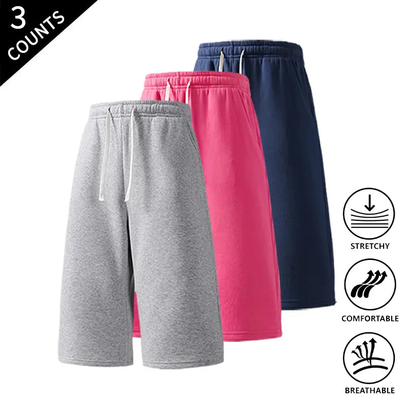 Men's 3-Pack Baggy Fit Sweat Shorts, 7/8 Knee-High Length, Elastic Drawstring, Plain Casual Menswear for Summer Everyday Wear
