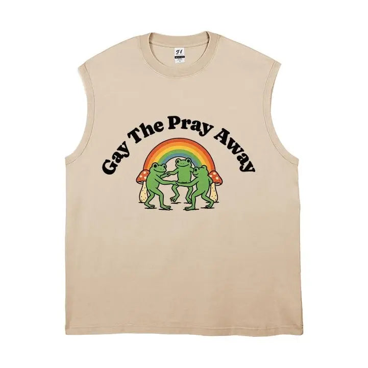 Vintage Washed Sleeveless Tank Top - 100% Cotton Casual Streetwear, Relaxed Loose Fit, Distressed Retro Muscle Tee with Rainbow Dancing Frog Mushroom Cartoon Print for LGBTQ Pride, Summer