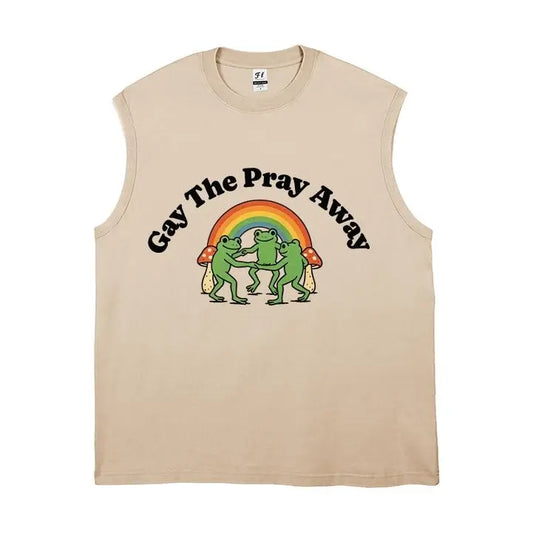 Vintage Washed Sleeveless Tank Top - 100% Cotton Casual Streetwear, Relaxed Loose Fit, Distressed Retro Muscle Tee with Rainbow Dancing Frog Mushroom Cartoon Print for LGBTQ Pride, Summer