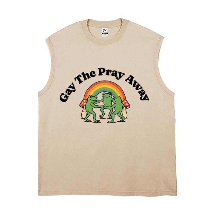 Vintage Washed Sleeveless Tank Top - 100% Cotton Casual Streetwear, Relaxed Loose Fit, Distressed Retro Muscle Tee with Rainbow Dancing Frog Mushroom Cartoon Print for LGBTQ Pride, Summer