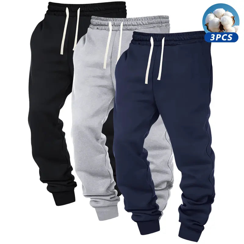 3pcs Men's Solid Cuffed Sweatpants - Elastic Waist Drawstring, Outdoor Fitness Running Daily Wear Pants