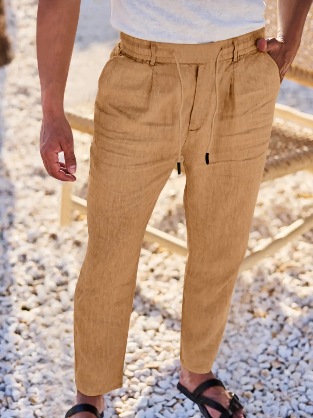 Men's Linen Pants, Fashion Trousers, Pocket Drawstring Solid Color Plain Hip Hop Beach Sports Wide Leg Long Pants, Comfortable Versatile All-Season Wear