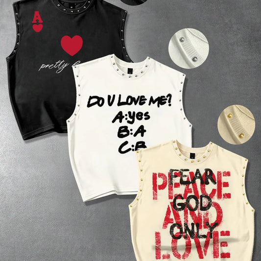 Three-piece men's vests with personalized English slogans printed, fun love graffiti, metal beads decoration, fashion; heavy fabric Loose sleeveless T-shirts, couple vests LOVE, Heart for male and female friends