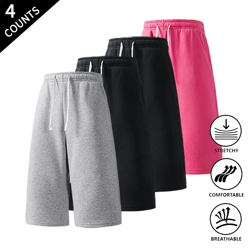 Men's Plain Fabric Casual Lounge Capri Pants (4-Pack) - Elastic Waist, Soft, Expandable, Above the Knee Everyday Cropped Bottoms in Coffee+Black+Light Gray+Rose Red, Light Gray+Black+Rose Red+Dark Gray, Rose Red+Navy Blue+Black+Light Gray