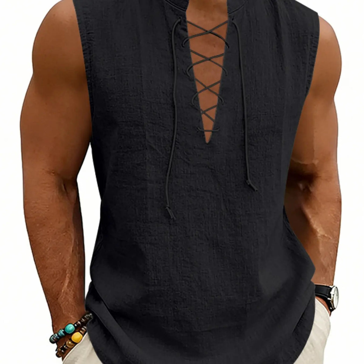 American Summer Loose Casual Men's Viking Medieval Drawstring Linen Breathable Sleeveless Design Tank Top, Comfortable and Stylish Unisex Clothing