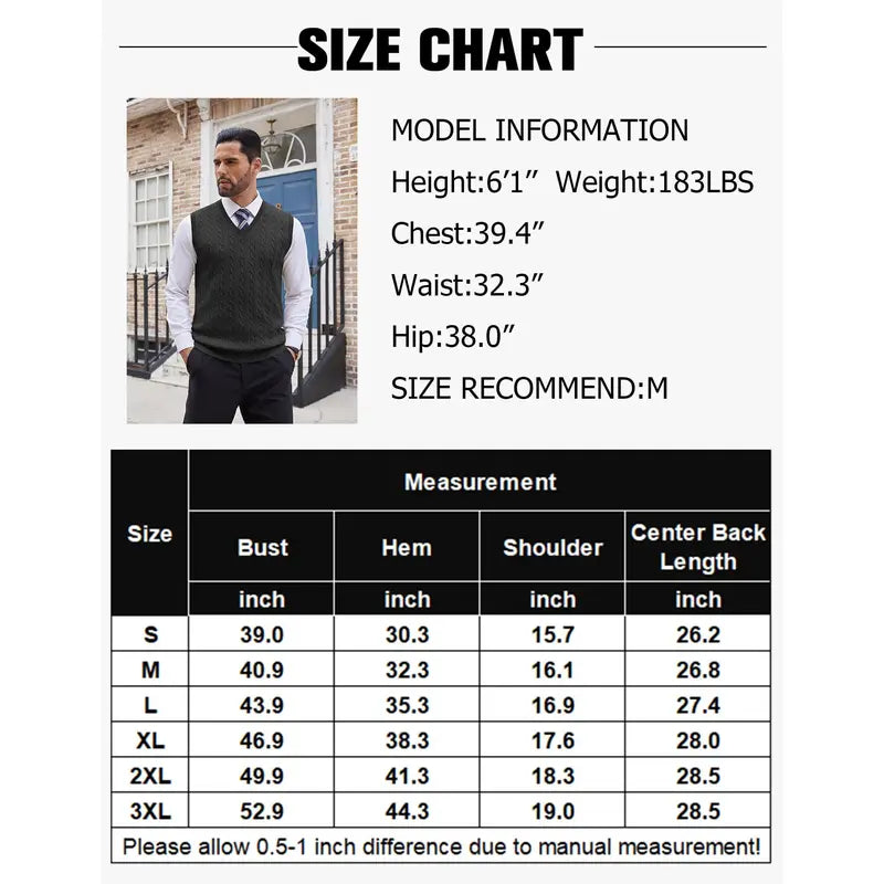 COOFANDY Menswear Men's V-Neck Slim-Fit Ribbed Cable-Knitted Sleeveless Pullover Sweater Vest, Stretchable Soft Lightweight Polyester Fabric, Machine Washable US Sizes, Formal-Casual Thermal Tops for Business Office
